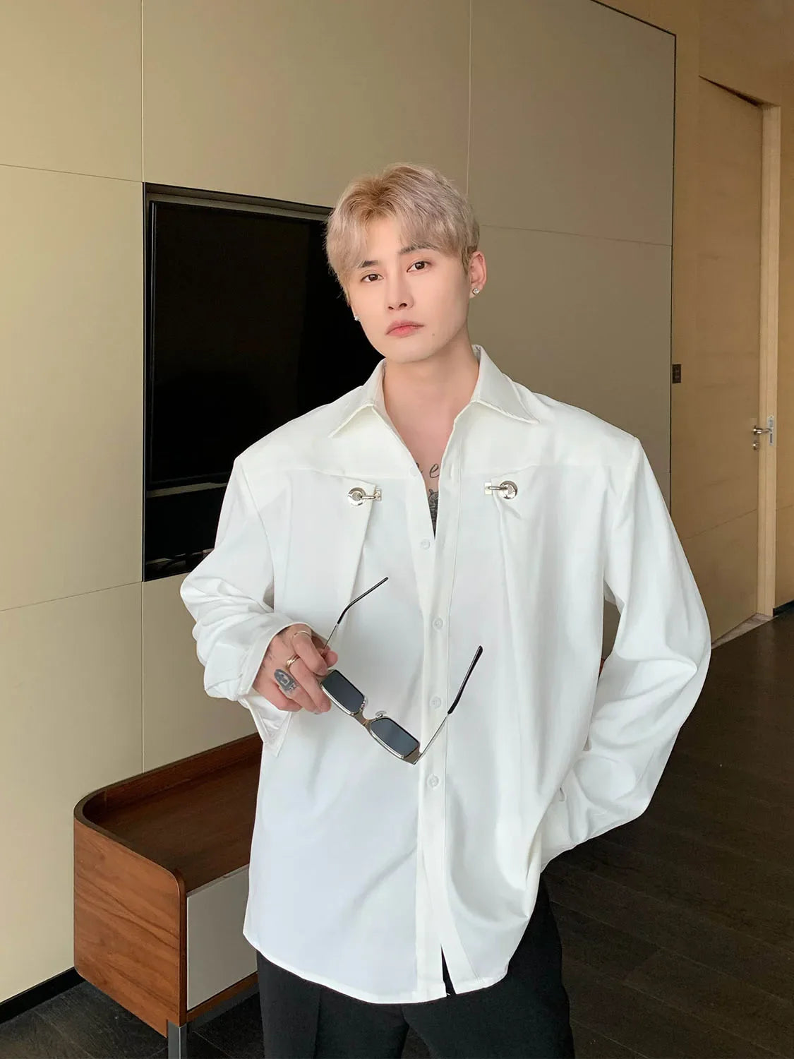 saferido Spring Autumn Fashion Korean Spring Long Sleeve Men Shirt Loose Casual Black White Solid Color Turn-down Collar Simple