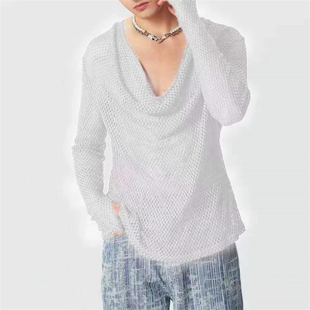 Mens Sexy See-Through Mesh Long-Sleeved Top New Genderless Nightclub Individuality Youthful Thin Low-Cut T-Shirt Unisex