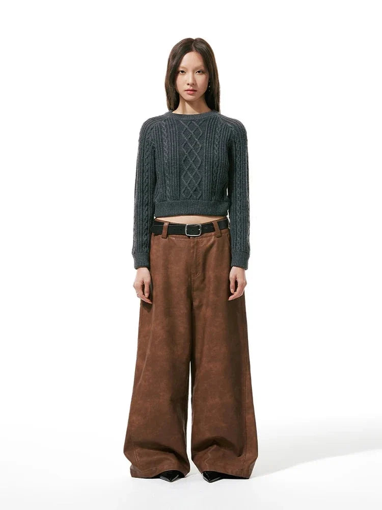 Spring Autumn Long Loose Casual Brown Pu Leather Pants Men Wide Leg LUxury Designer Unisex Trousers Fashions