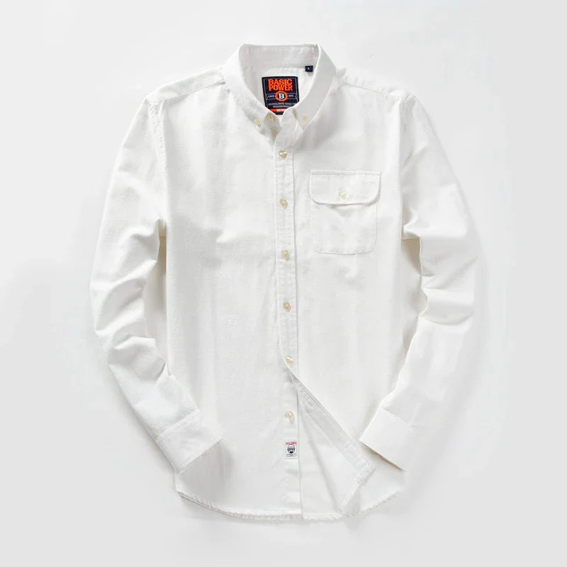 Men's Long Sleeve Oxford Casual Shirt Front Patch Chest Pocket Regular-fit Button-down Collar Thick Work Shirt MG20306
