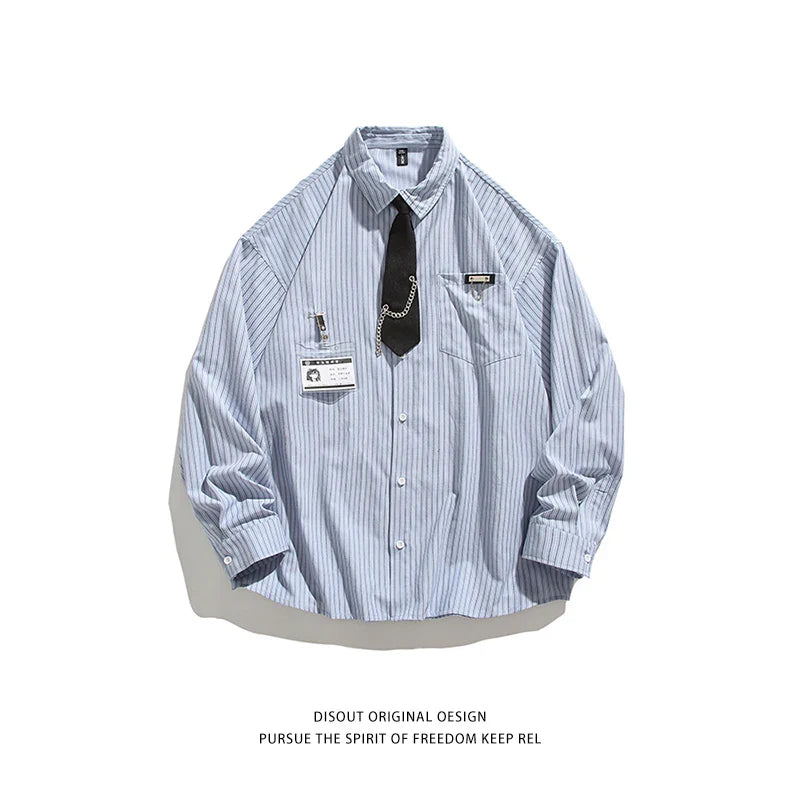 saferido Blue Striped Shirt Vintage College Style Tie Chain Design Loose Casual Blouse Couple Long Sleeve Top Harajuku Male Shirts Coat