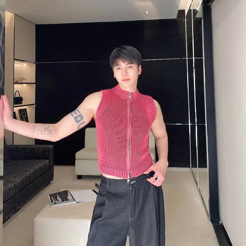 saferido Knitted Vest Men's Stand Collar Handsome Sweater Vest Korean Streetwear Male Clothing 2024 Spring Summer Fashion New