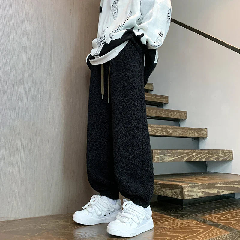 saferido Winter Thickened Pants Men Warm Fashion Retro Lamb Wool Pants Men Oversized Streetwear Loose Straight Pants Mens Thick Trousers