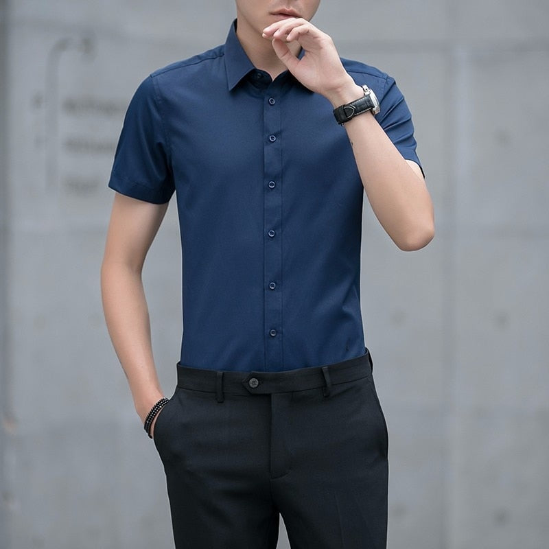 Summer Men's Slim Fitting Business Work Shirt Casual Handsome Turndown Collar Short Sleeve Shirts For Men Soild Blouses