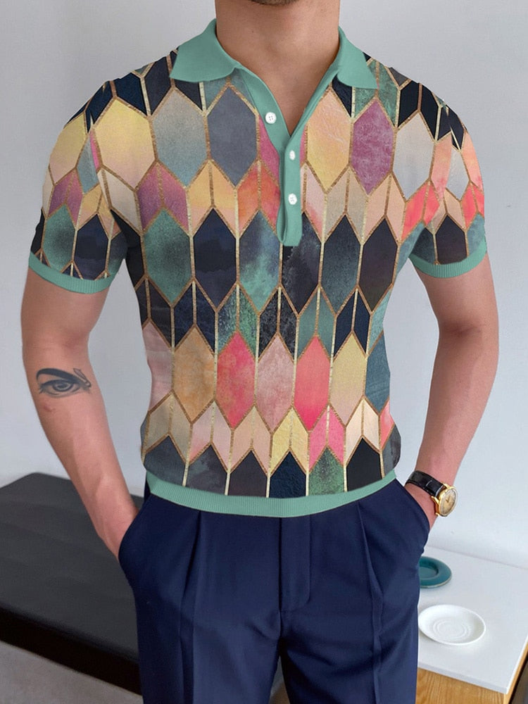 Pullover Tops Mens Fashion Turn-down Collar Button-up Polos Vintage Print Polo Shirt Men Summer Short Sleeve Casual shirts