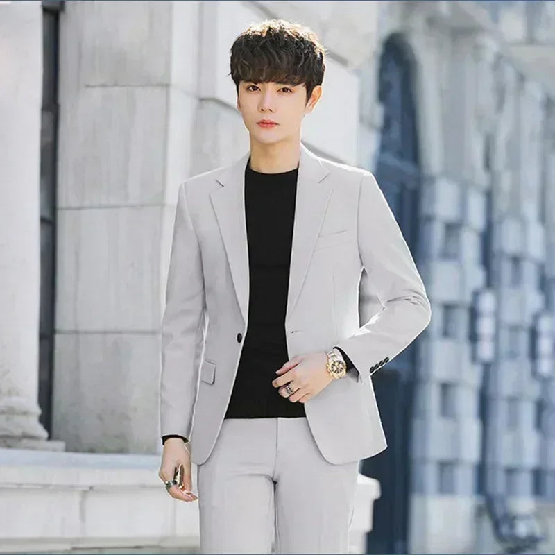 S-6XL Men's Business Casual Suit Korean Style Trendy Slim Fit 2 Piece Set Solid Color (Blazer+ Pants )Groom Wedding Dress Party