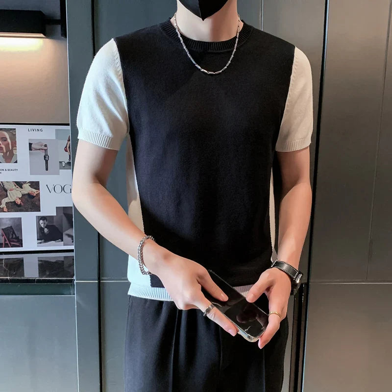 saferido Spring Autumn Men Cashmere Short Sleeve Sweaters Male Casual O-Neck Solid Color Chic Knitted Pullovers Tops 3XL-M