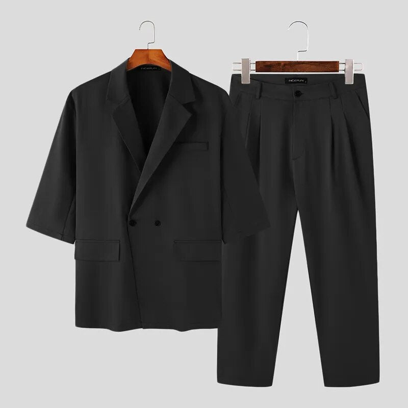Korean Style New Men's Short Sleeve Suits Long Pants Sets Fashion Casual Male Solid All-match Two Piece Sets S-5XL