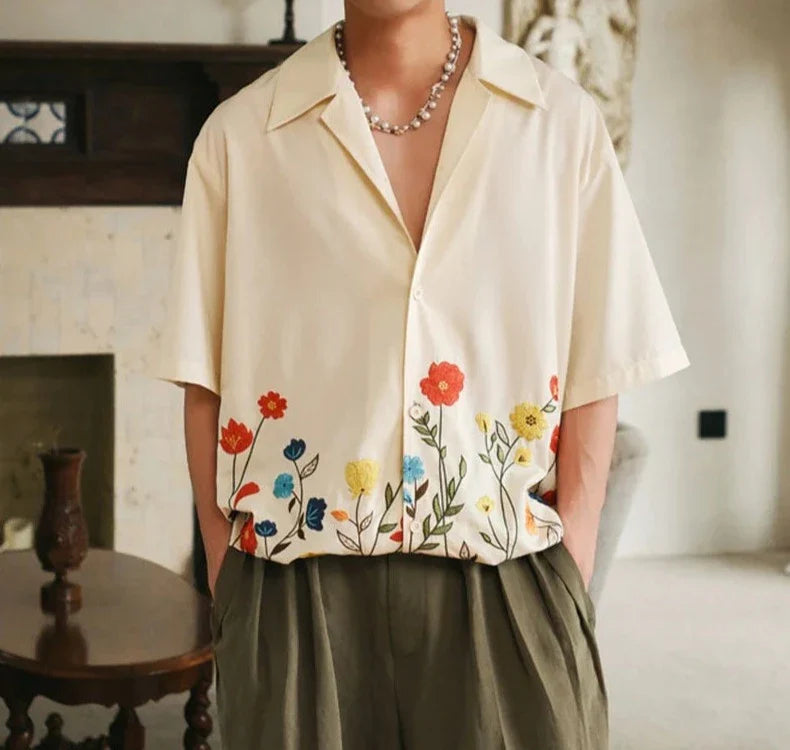 Men Shirt Flower Printing Lapel Short Sleeve Loose Men Clothing Streetwear Korean Style Summer Casual Shirts S-5XL INCERUN