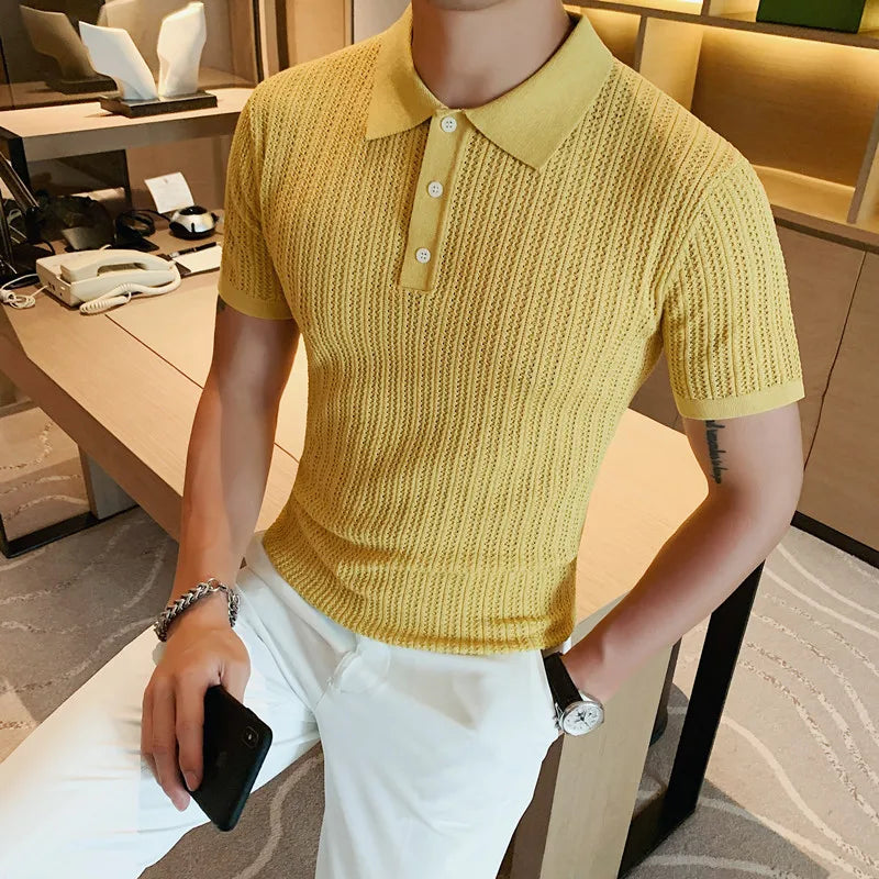 saferido British Style POLO Shirts Men Knitting Short Sleeve Shirts Solid Color Lapel Business Casual Top Summer Social Clothing 3XL