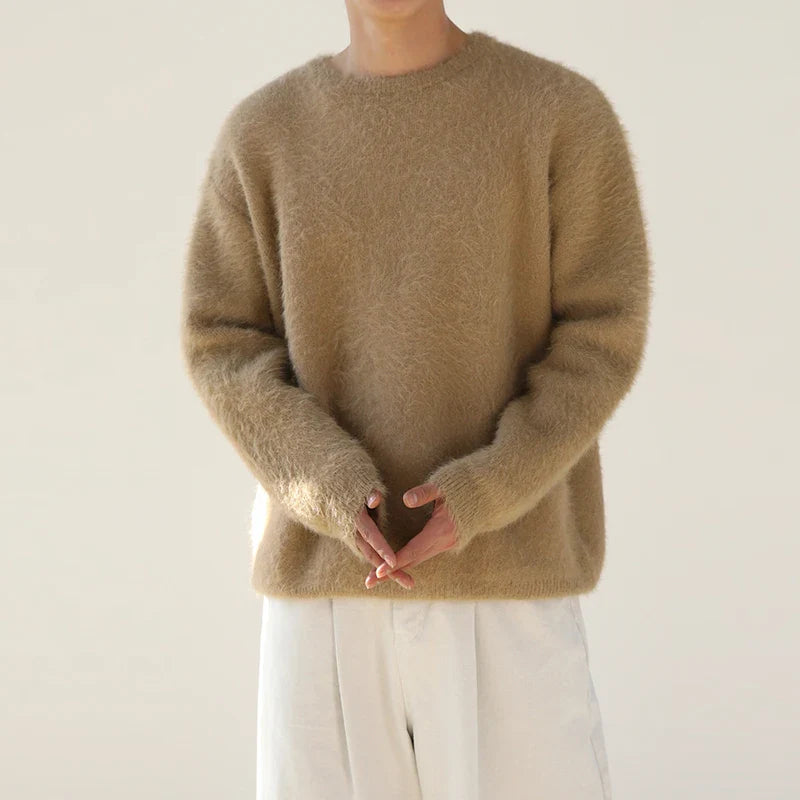 Autumn Winter Round Collar Mohair Sweater Loose Korean Style Vintage Kintted Sweater Pullover Men Clothing