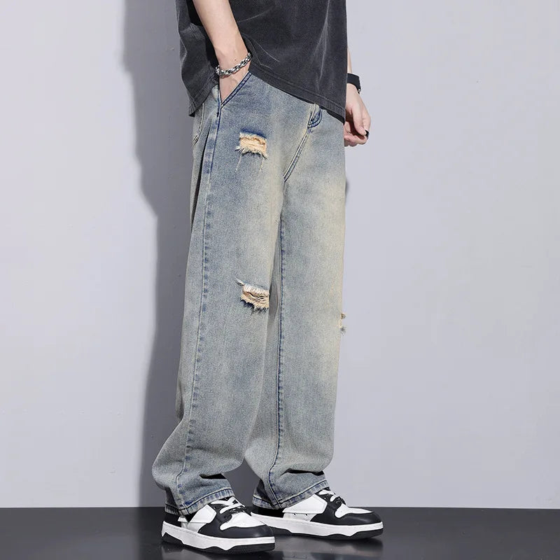 saferido Men's Clothing Y2k Baggy Jeans Spring/Summer New Man Pants American Trendy Hole Loose Leisure Straight Leg Wide Jeans for Men