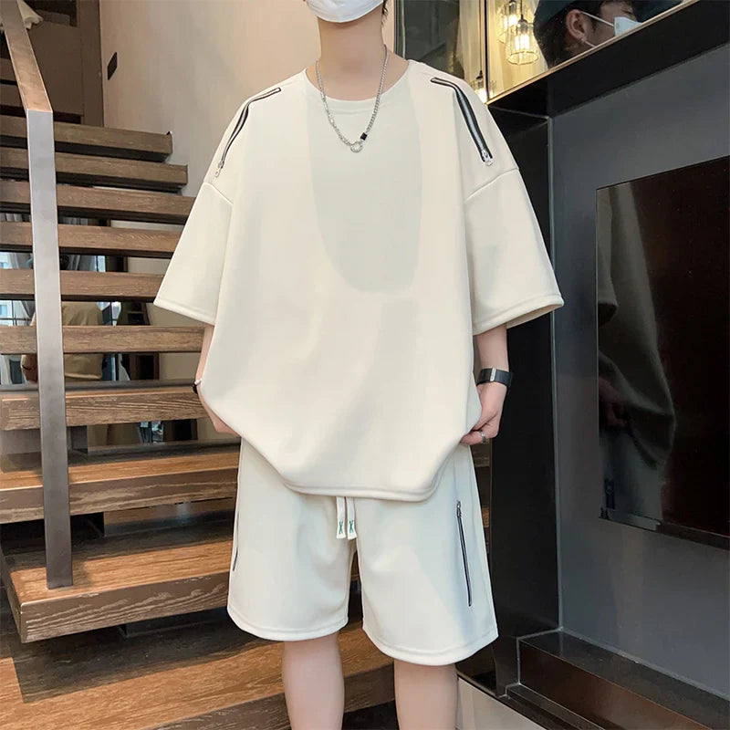 saferido Oversized Tracksuit Men New Korean High Street Fashion Zipper Design T-shirt Shorts Two Pieces Sets Mens Streetwear Men Clothes