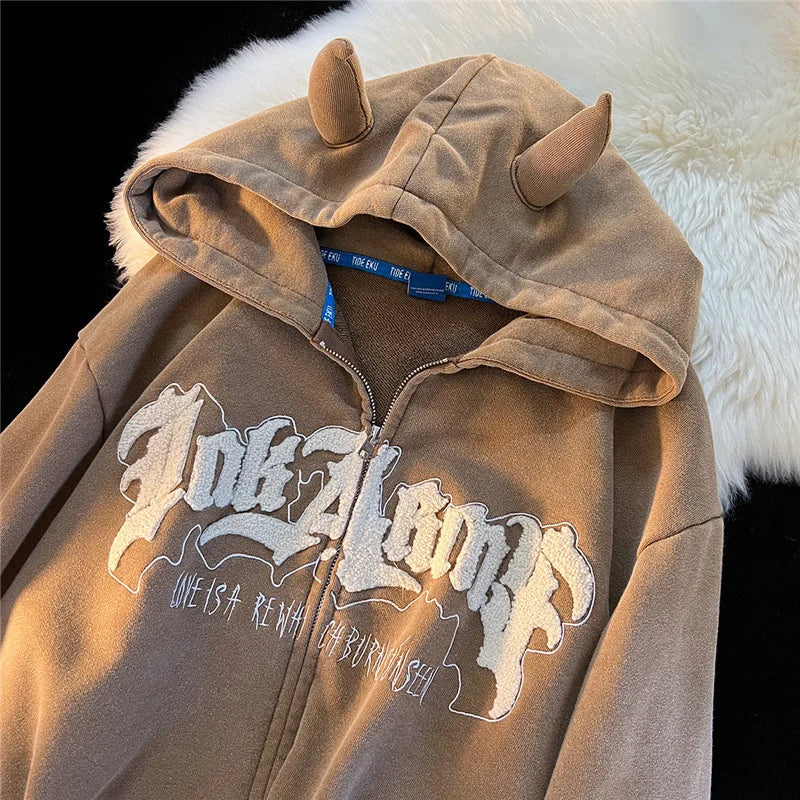 saferido Y2k Little Cute Devil Horns Zip Up Hoodie Women Men Fall Long Sleeve Flocking Letter Hoodies Casual Zipper Oversized Jacket Coat