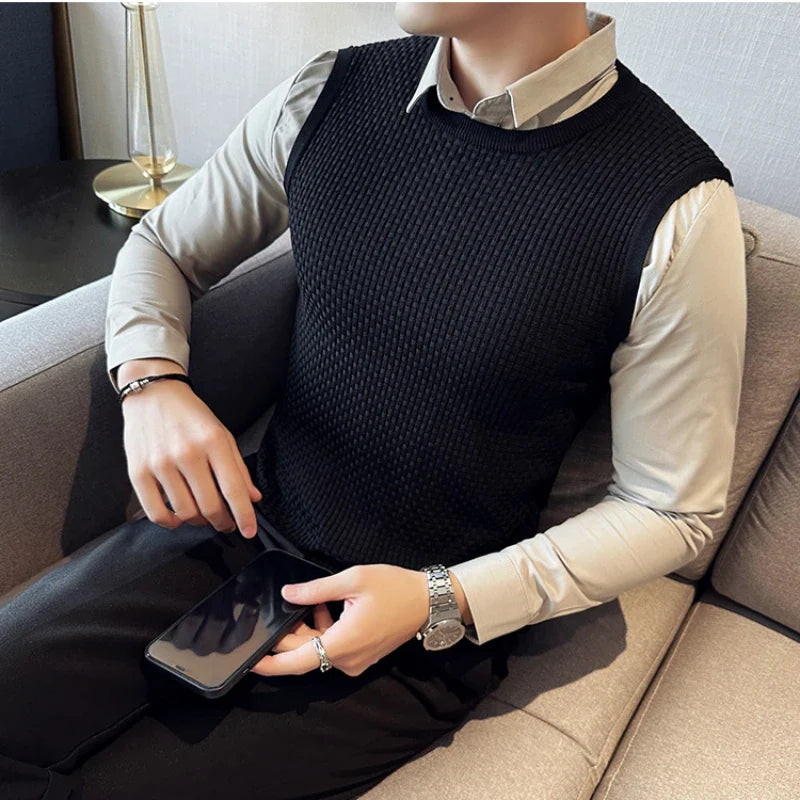 saferido Men's Spring and Autumn Top Knitted Sweater Pullover Fake Two Piece Turn-down Collar Slim Fit Multi Style Men's Casual Sweater