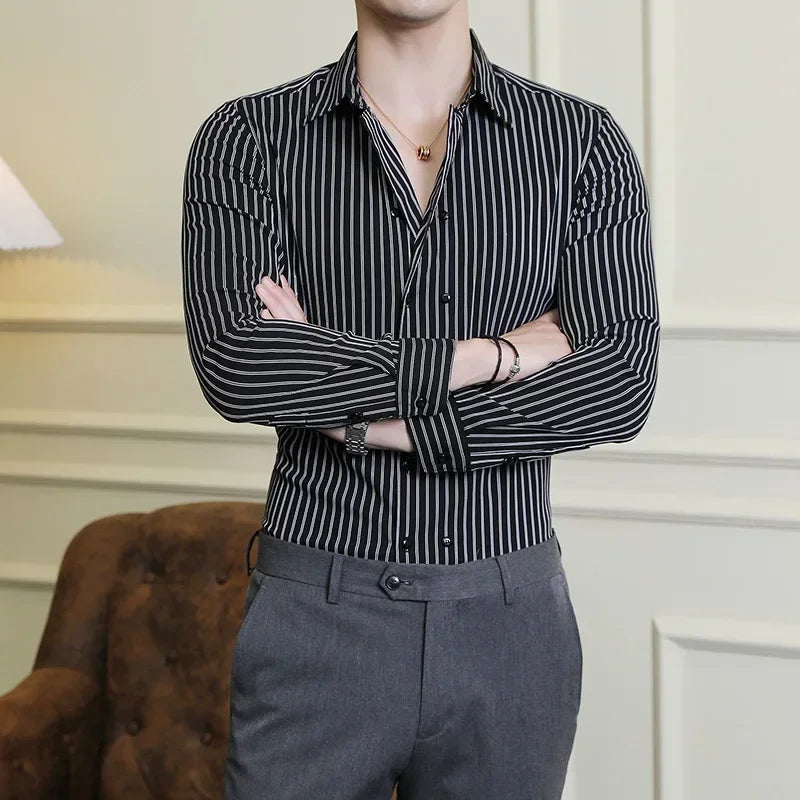 Men Double Breasted Striped Shirt Spring New Party Evening Dress Formal Shirt Long Sleeved Fashionable Casual Men Clothing