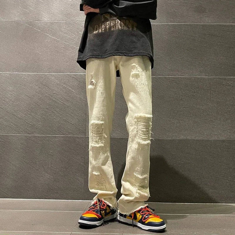 saferido Trousers with Holes Man Cowboy Pants Aesthetic Ripped Men's Jeans Torn Broken Black Straight Trend Loose Cotton Washed Kpop