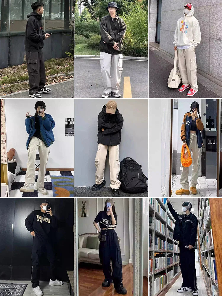 saferido American straight tube workwear pants for men, autumn trendy high street logging wide leg pants ruffled and handsome loose