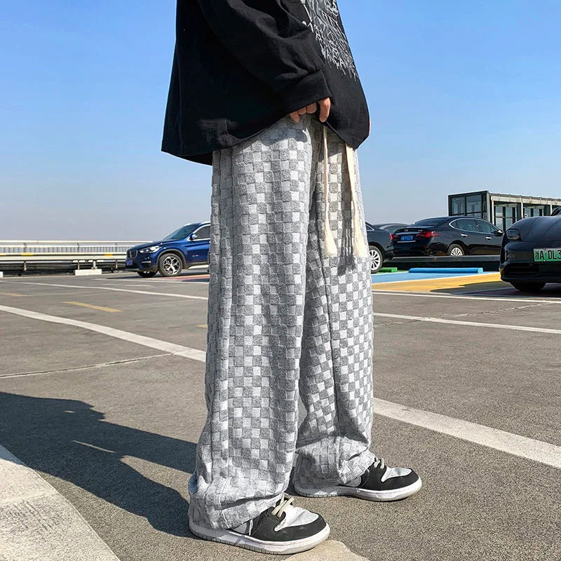 saferido Straight Wide Leg Knitted Sweatpants Men's Spring Autumn Solid Color Plaid Casual Pants Sports Trend Classic All-match Trousers