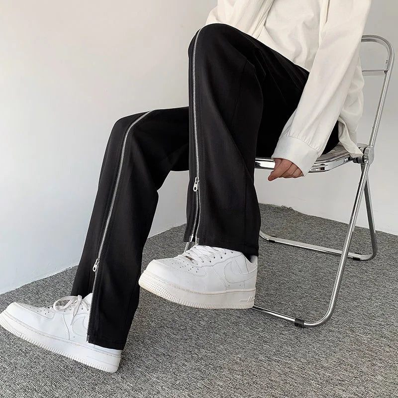 saferido Zipper Black Pants Men's Loose Drape Straight Wide-leg Trousers Fashion Spring Summer Solid Color Casual All-match Casual Pants