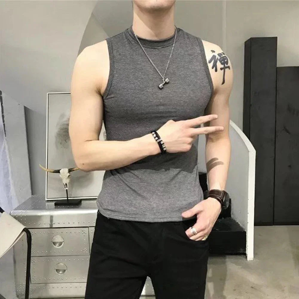 saferido Summer Vest Men's Trend Tight Stand Collar Sleeveless Sexy T-shirt Top American Slim Fitness Stretch I-word Vest Bottoming Shirt