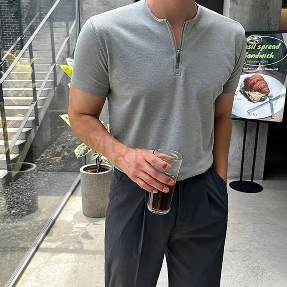 saferido Mens Casual Zipper Short-Sleeved Tops Genderless 2024 Spring New Business Versatile Simple Solid Color Comfortable Tops Unisex