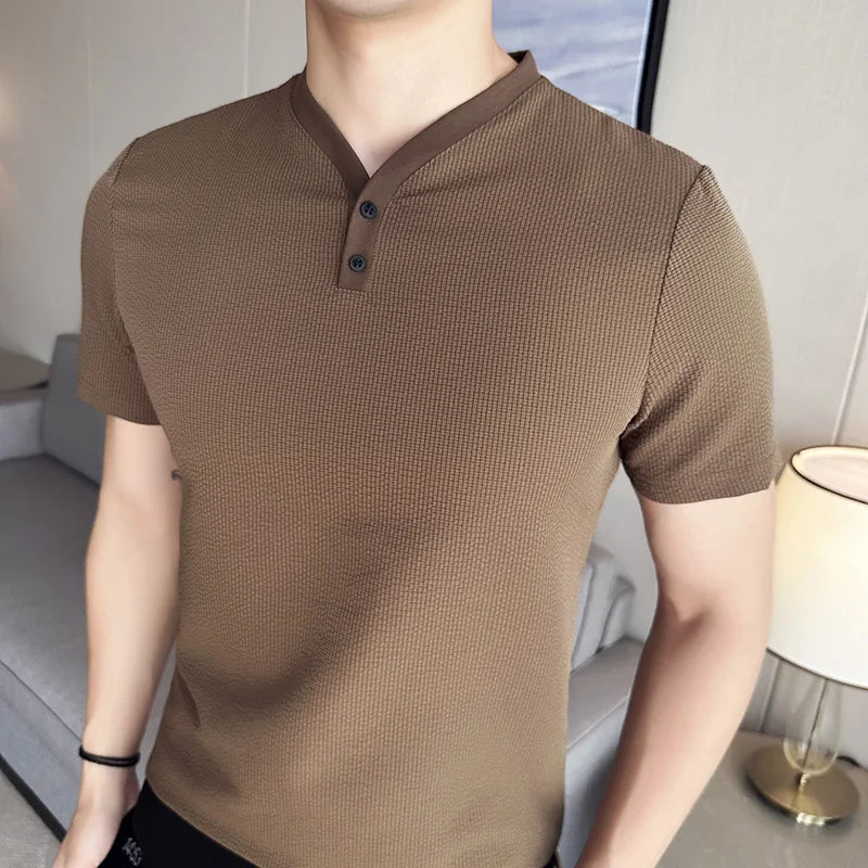 saferido Korean Style Men's Summer High Quality Casual Short Sleeve Knitted T-shirt/Male Slim Fit Fashion Ice Silk V-neck T-shirt S-4XL