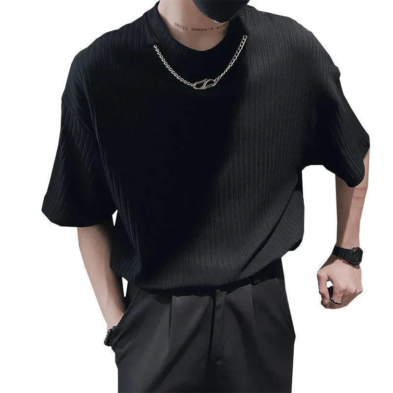 saferido Korean Style Summer Men's Silk Fabric Social T Shirts Removable Necklace Short Sleeve T-shirt Hip Hop Style Top Tshirts