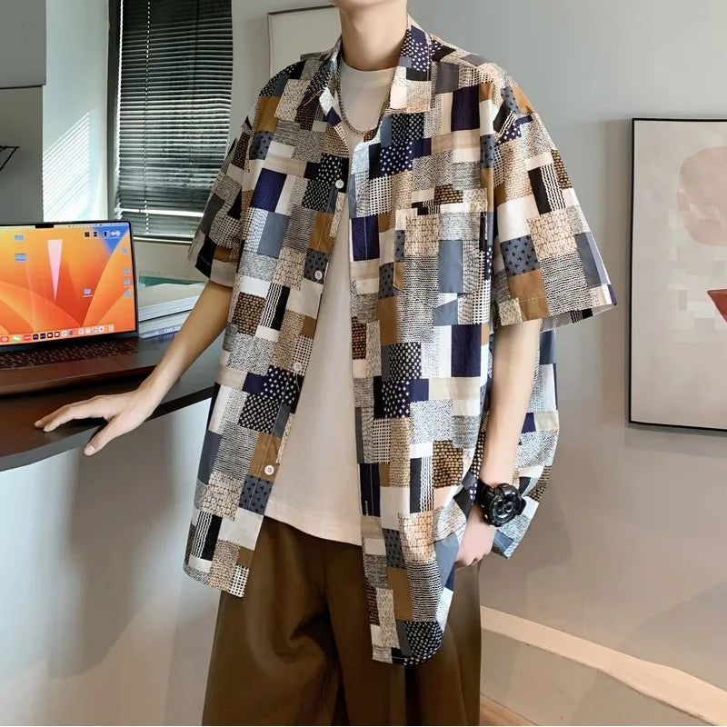 saferido Korean Mens Vintage Short Sleeve Dress Shirt Trend Couple Hawaiian Loose Print Blouses Shirts 2024 Summer Designer Men Clothing