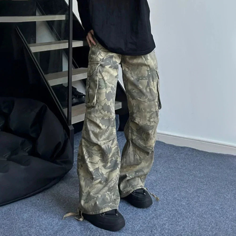 saferido Mens Y2k American Retro Pocket Camouflage Straight Pants Genderless Trendy Hip-Hop Workwear Style Loose Wide-Leg Pants Unisex
