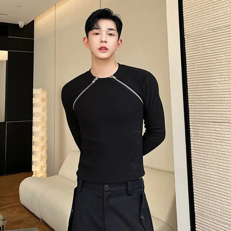 saferido Men's Slim Long Sleeve T-shirts 2024 Autumn New Niche Design Dark Zipper Split Versatile Tops Korean Style Clothing
