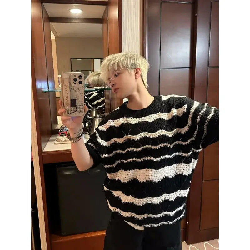 saferido Men T-shirts All-match Vintage Striped Classical Korean Style Breathable Hipster Casual Simple Clothing Soft Fashion O-neck Tees