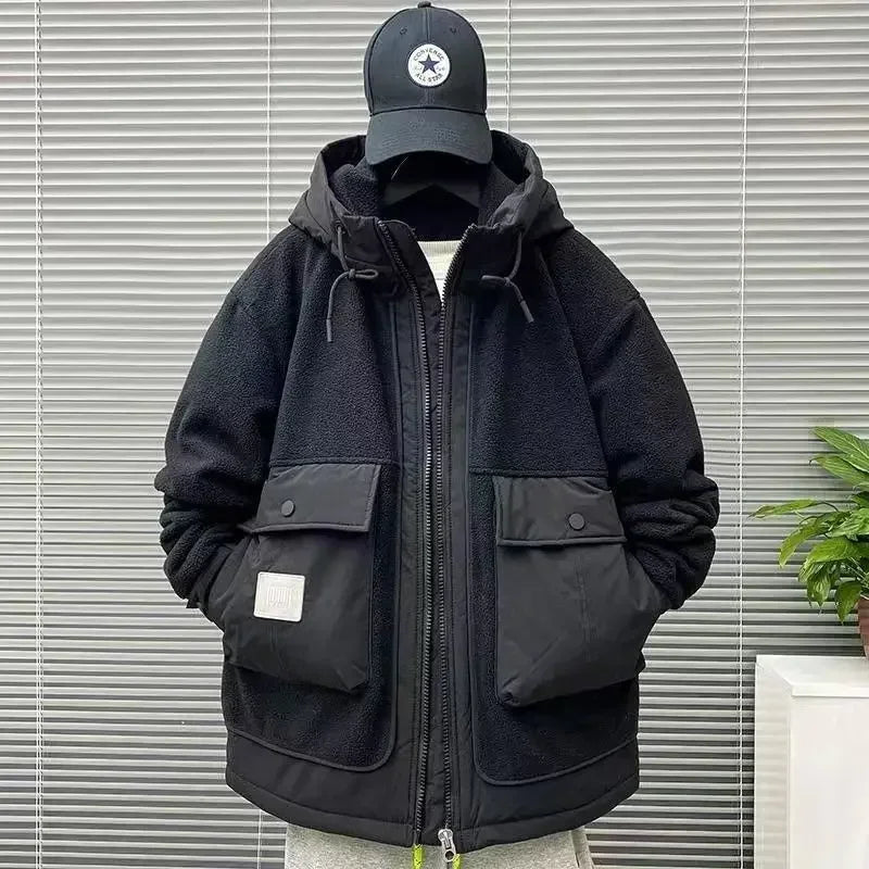 Winter Men's Jacket Japan Style Cargo Spliced Lamb Wool Thick Parkas Workwear Large Pocket Padded Coat Oversized Hooded Top