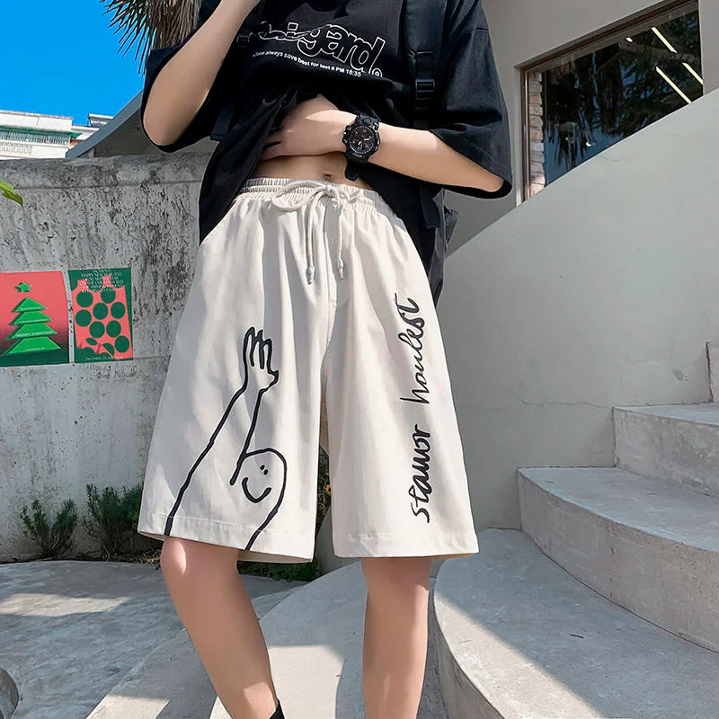 saferido Beach Casual Pants Men's Thin Street Hip-hop Trend Fashion Sports Loose Straight Shorts Oversize Print Graffiti Summer Clothes