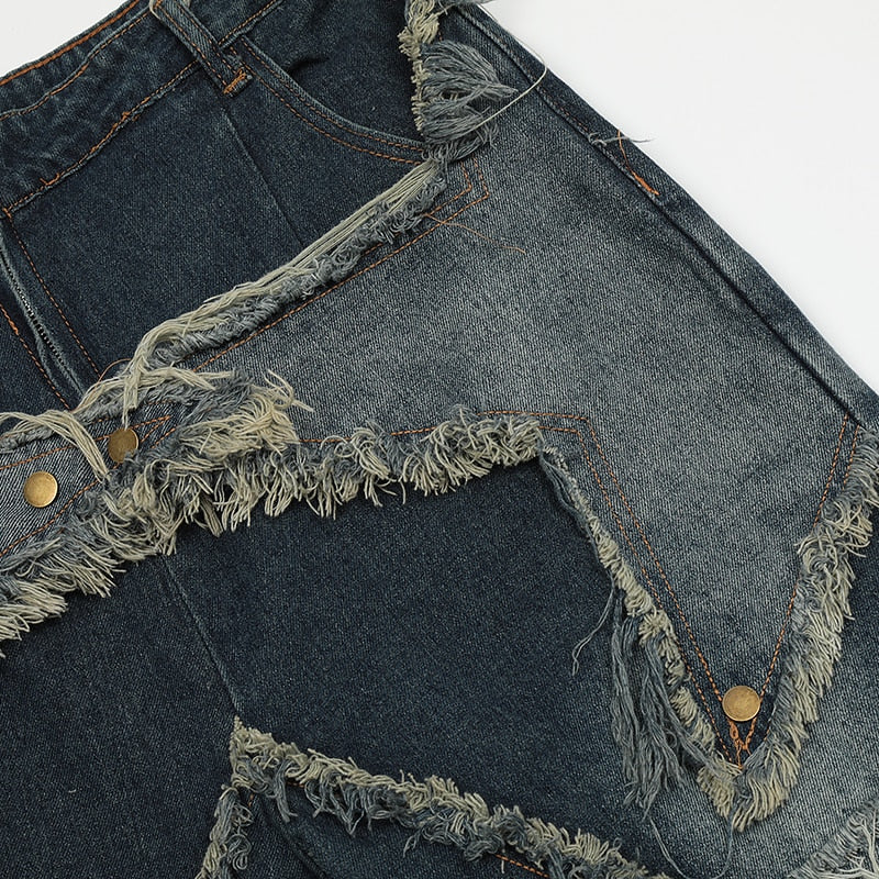 Harajuku Vintage Functional Embroidered Star Pattern Denim Shorts Men's Oversized Sunny Bermuda Casual Shorts College Pants Y2K