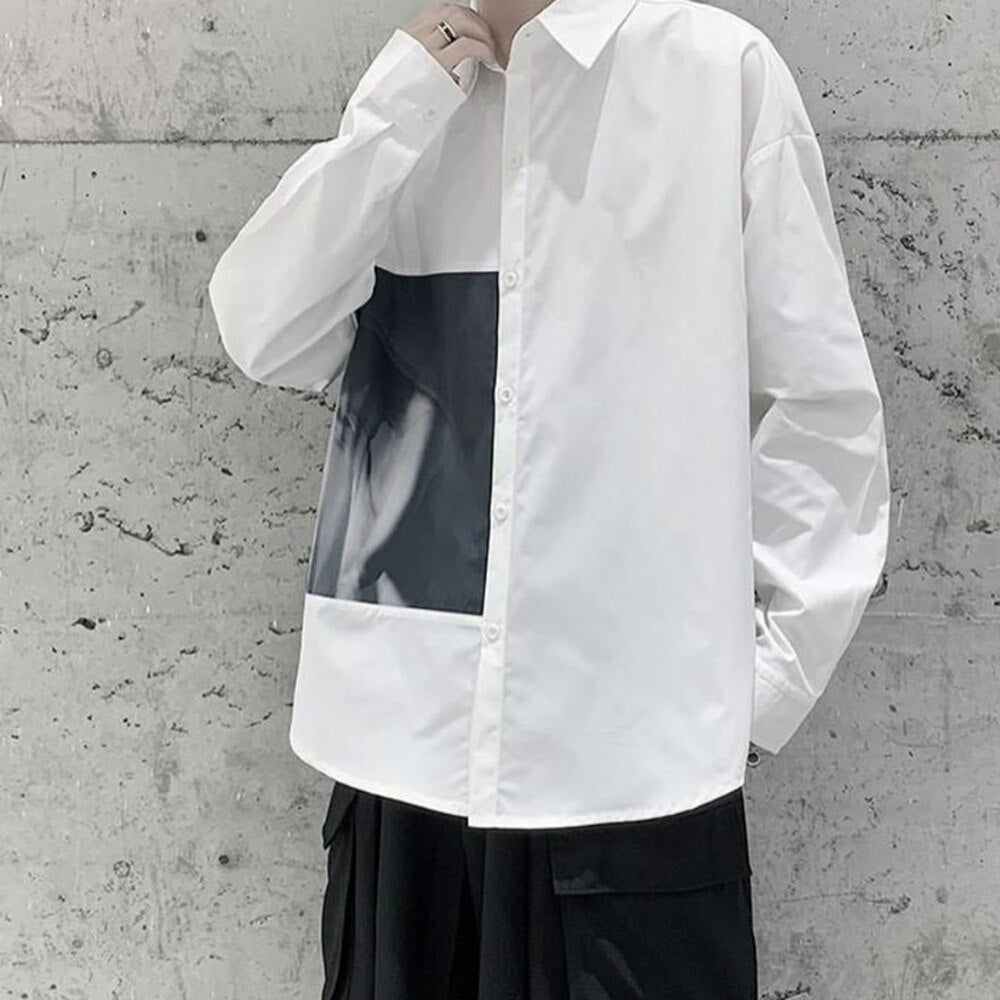 Men's Printing Long Sleeve Cargo Shirts Harajuku Black Shirt Korean Style Men Shirt Long Sleeve Vintage Clothes Streetwear
