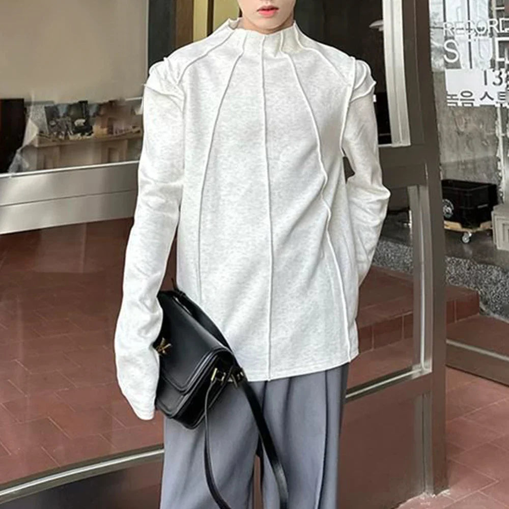 saferido Mens Autumn 100% Cotton Slim Fit Half Turtle Collar Long Sleeve T-Shirt Genderless Korean Style Contour Line Sweatshirt Unisex