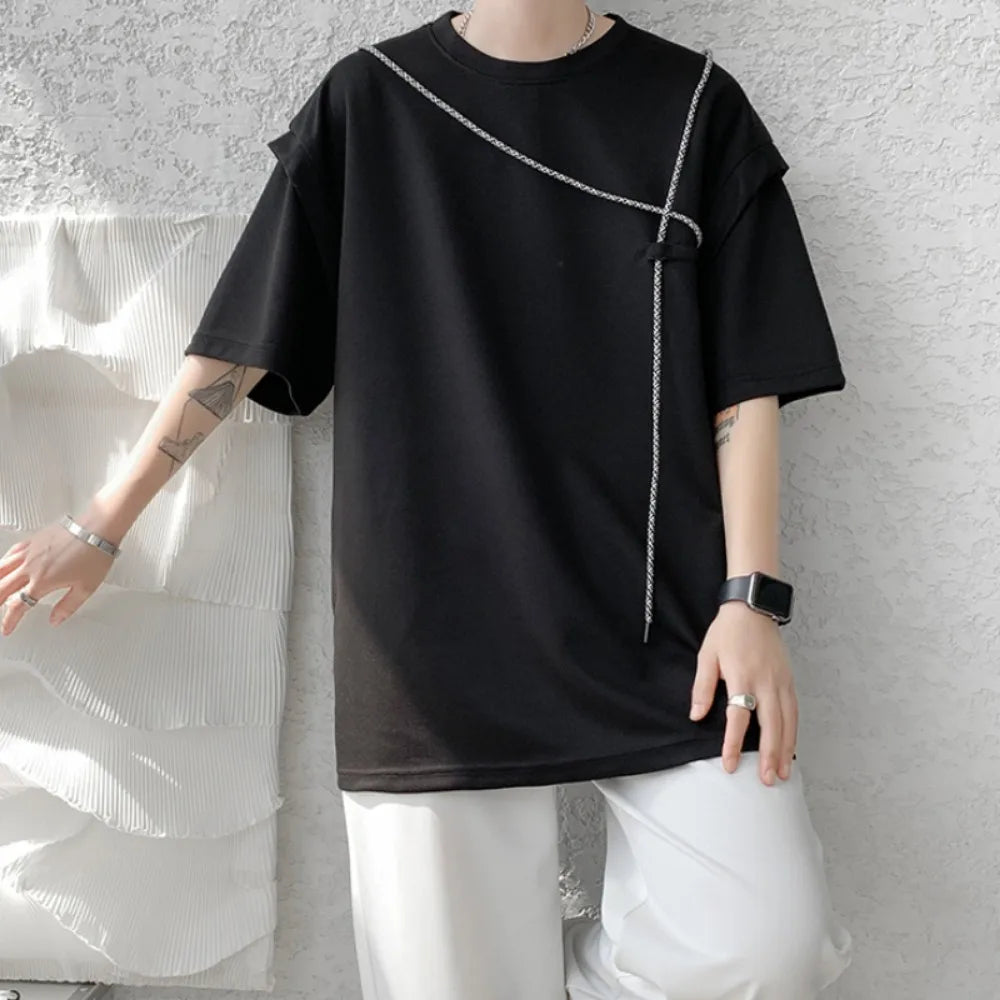 saferido Hip Hop T-shirts Men Simple Popular Korean Style Bandage Design Loose Individual Chic Comfortable Patchwork Students Summer Tees
