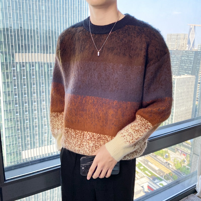 Autumn Winter Fashion Mens Sweaters Velvet Thick Long Sleeve Knit Jumper Gradient Colors Striped Patckwork Sweater Pullovers Man