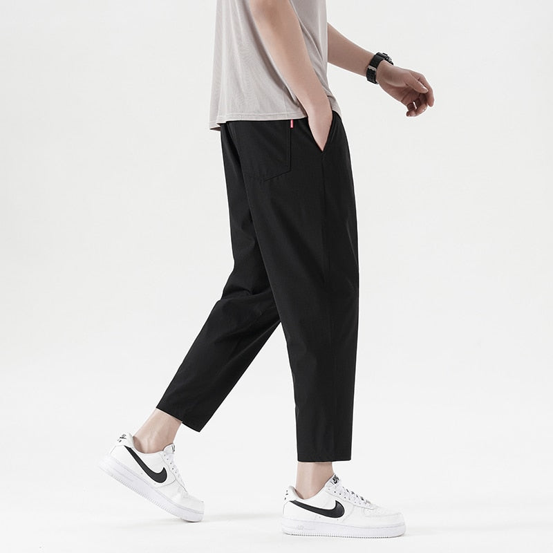 New Summer Men'S Casual Ice Silk Pants Korean Trend Loose Straight Tube Thin Harlan Trousers Quick Drying 9-Point Sweatpants