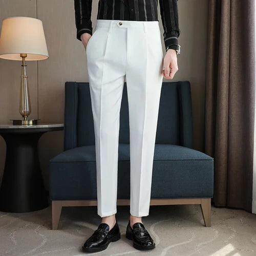saferido British Style Men High Waist Dress Pants Autumn Solid Color Casual Trousers Slim Fit Formal Suit Pants Fashion Men Clothing 38