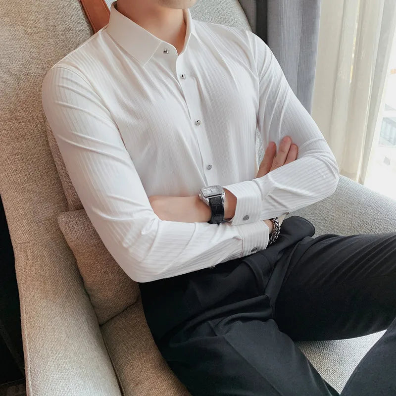saferido Spring Autumn Long Sleeve Men Vintage Shirts Fashion stripe Slim Fit Korean Mens Shirt Luxe Homm Office Dress Shirts S-4XL