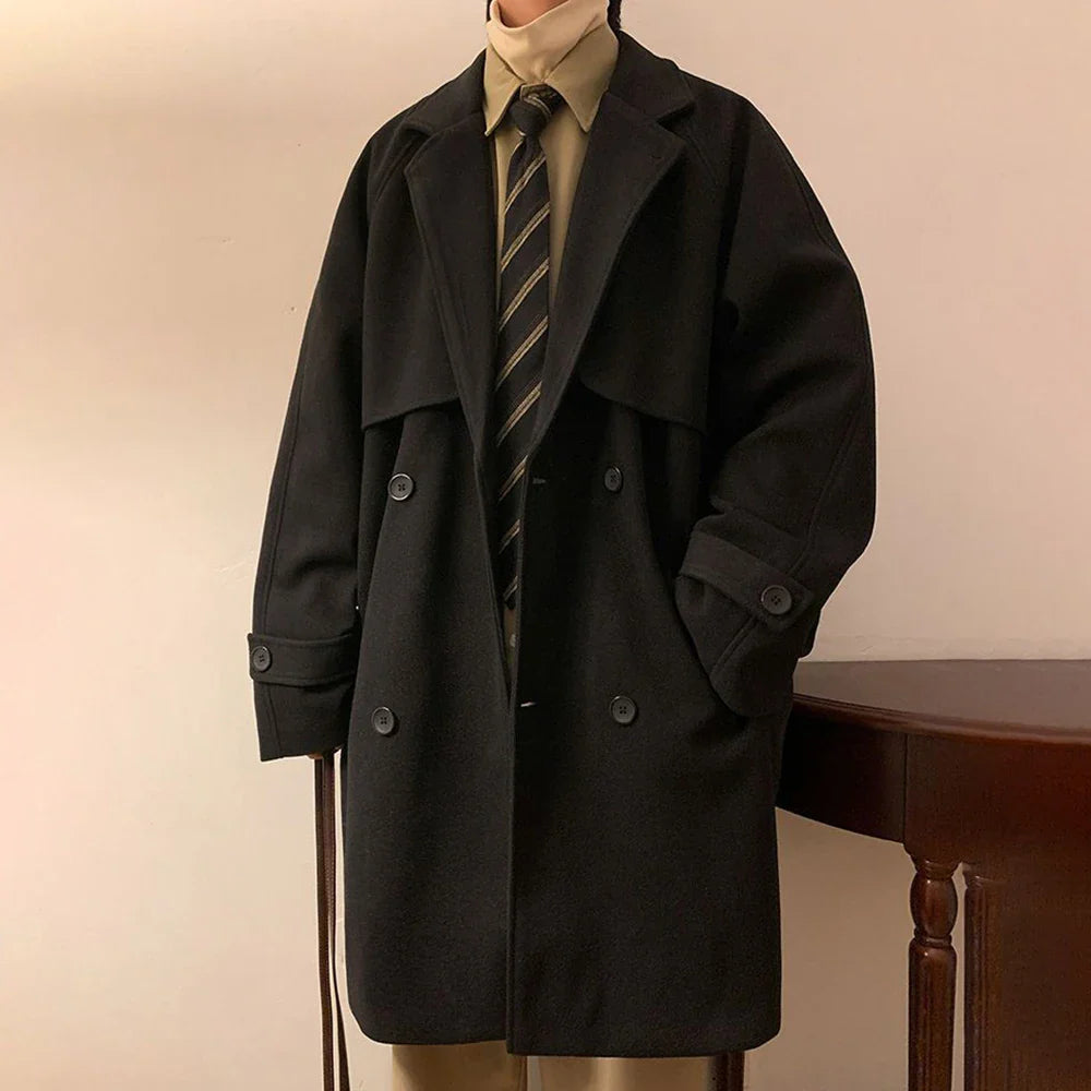saferido Mens Gray German Woolen Coat Autumn Winter Mid-Length Thickened High-End Retro Elegant Handsome Comfortable Coat Oversize