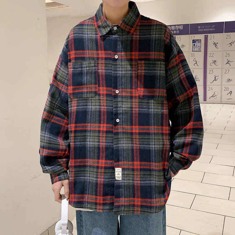 saferido Long Sleeved Shirt Men Oversized Fashion Retro Plaid Shirt Men Streetwear Loose Casual Shirt Mens Vintage Shirts Plus Size 5XL