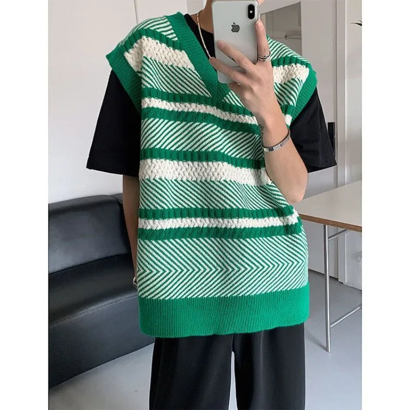 Autumn New Color Block Striped Sweater Vest for Men Korean Fashion Casual Loose Sleeveless Knitted Sweater Vests Men and Women