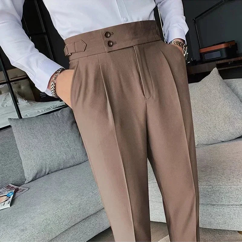 Men Suit Pants Solid Color Slim Fit Spring Autumn Streetwear Elastic Waist Straight Pants Male Business Office Formal Trousers