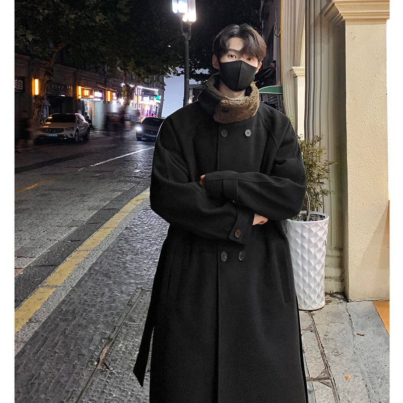 saferido Men's Lamb wool Patchwork Woolen Overcoat Men High-end Stand Collar Casual Loose Korean Style Winter New Elegant Trench Coat
