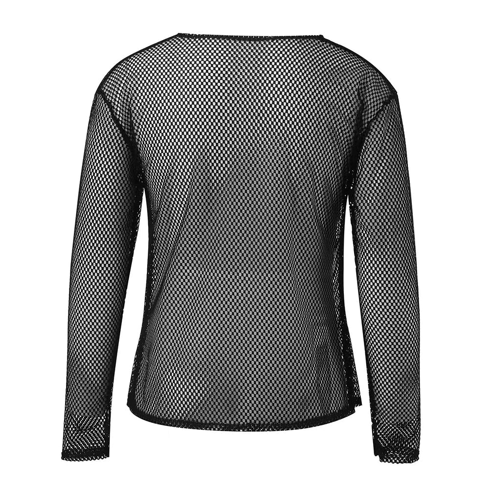 Mens Sexy See-Through Mesh Long-Sleeved Top New Genderless Nightclub Individuality Youthful Thin Low-Cut T-Shirt Unisex