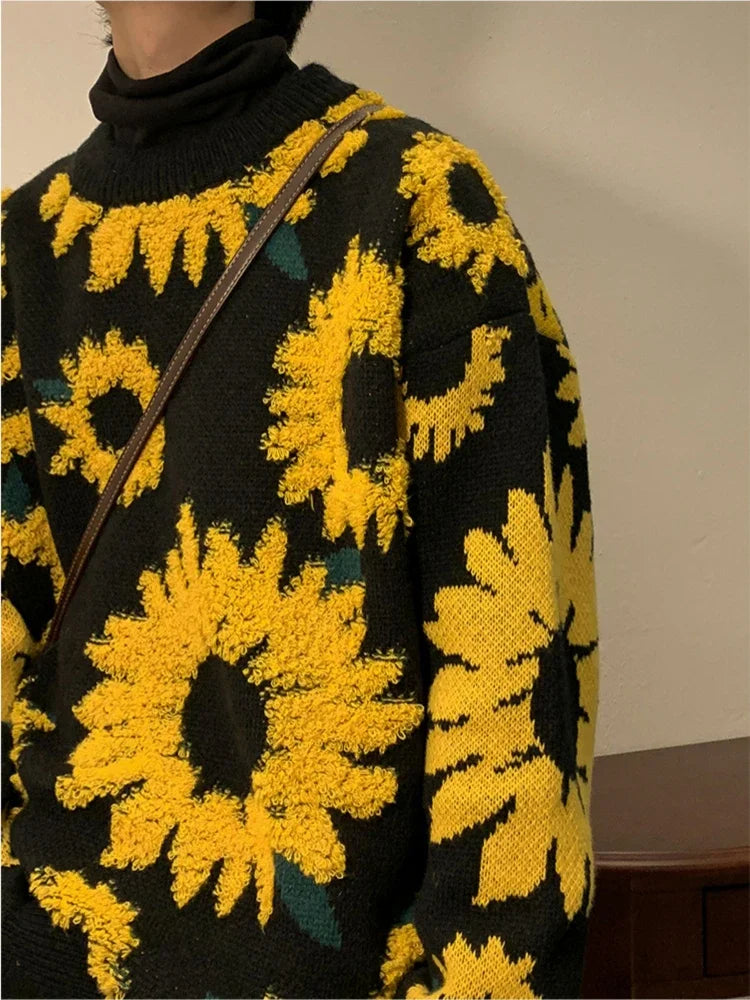 Flocking Floral Sweaters Men Baggy Spring Autumn Japanese Style Retro High Street Harajuku Knitwear Slouchy Ins
