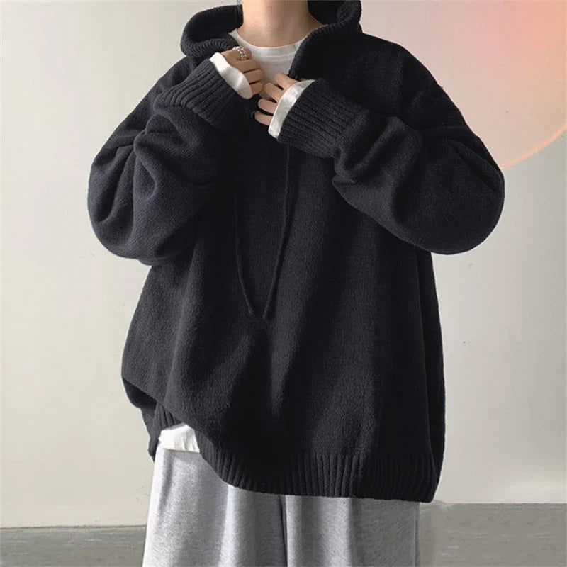 saferido Men's Hooded Sweaters Spring Autumn Fashion Pullover Loose Solid Knitted Sweater Korean Tide Streetwear Men Knitwear Hoodies